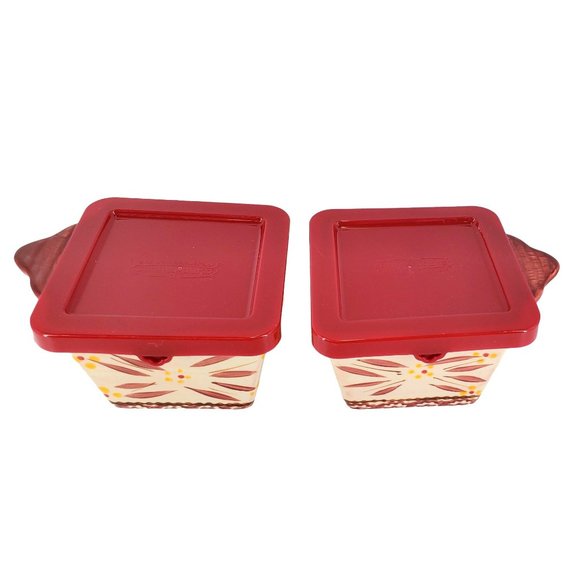 Temptations Set/2 Old World Cranberry Ramekins w/Lids Baking Ovenware Leftovers - Picture 4 of 11